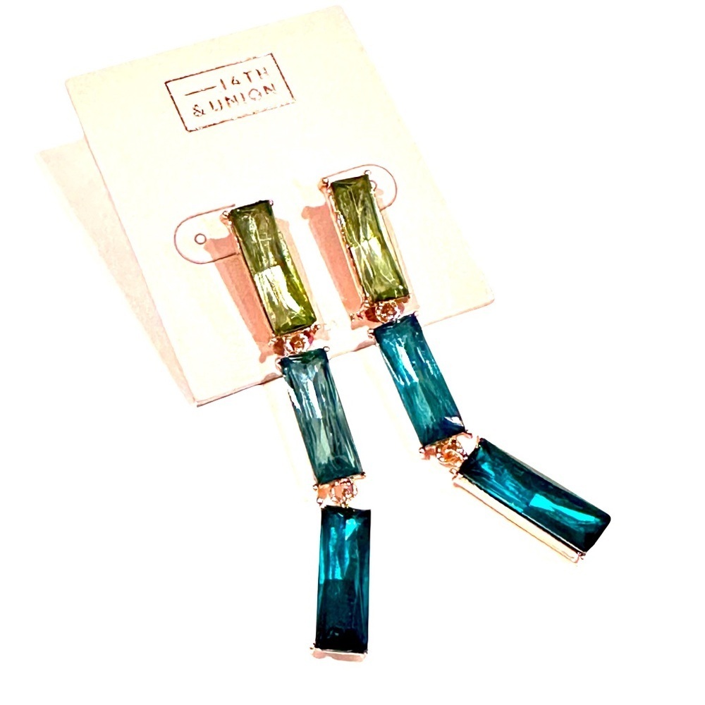 14TH & UNION Blue Green Ombré Baguette Crystal Drop Earring NWT​ - Picture 2 of 7